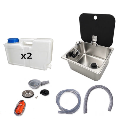 Kit fregadero camper 26x32 con tapa, grifo 12V, bomba y garrafas