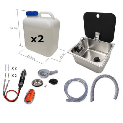 Kit fregadero camper 26x32 con tapa, grifo 12V, bomba y garrafas