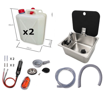 Kit fregadero camper 26x32 con tapa, grifo 12V, bomba y garrafas