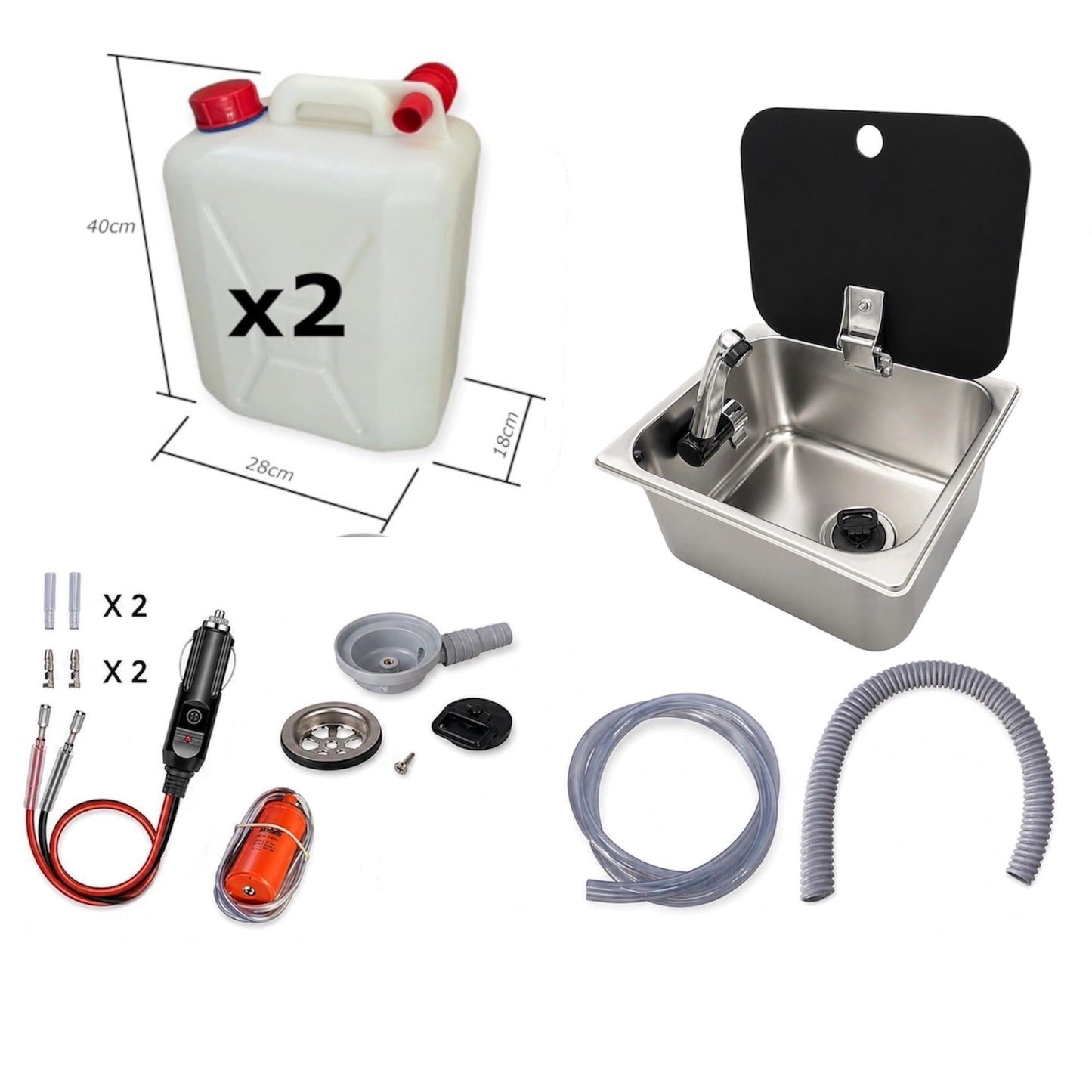 Kit fregadero camper 26x32 con tapa, grifo 12V, bomba y garrafas