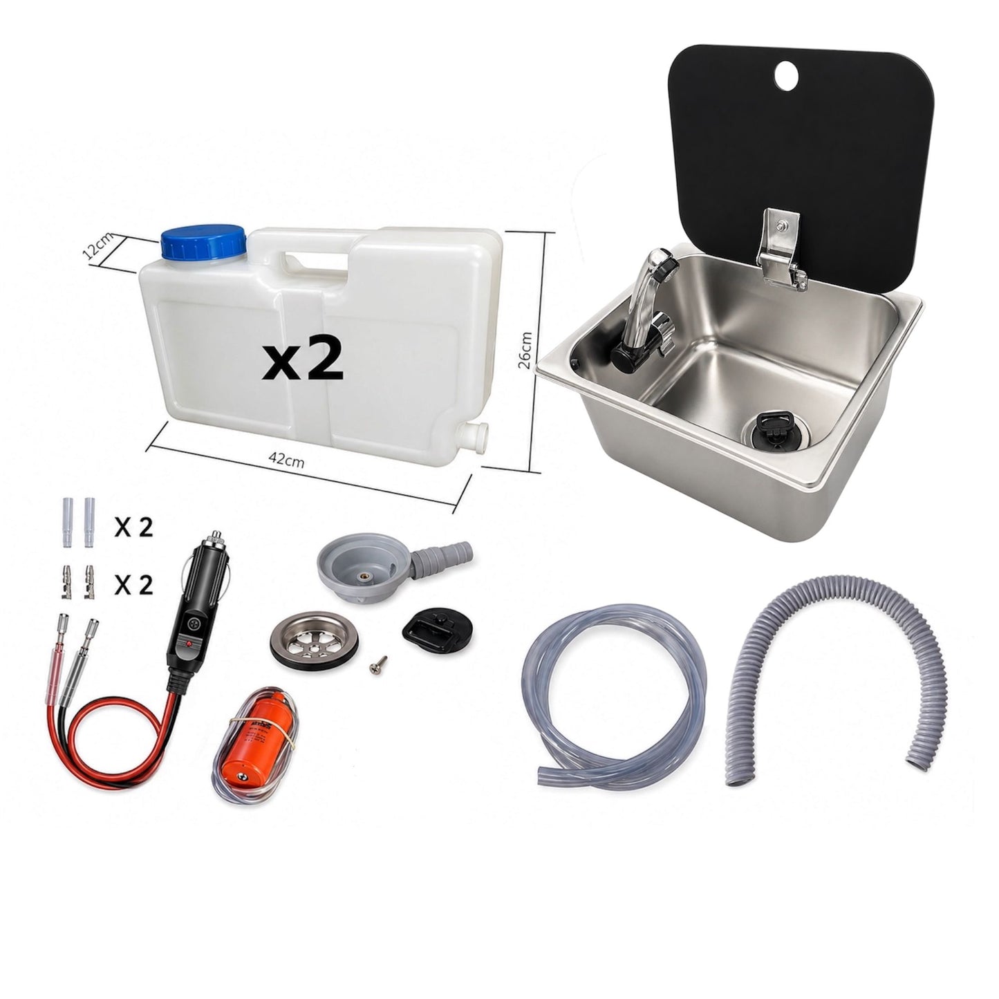 Kit fregadero camper 26x32 con tapa, grifo 12V, bomba y garrafas