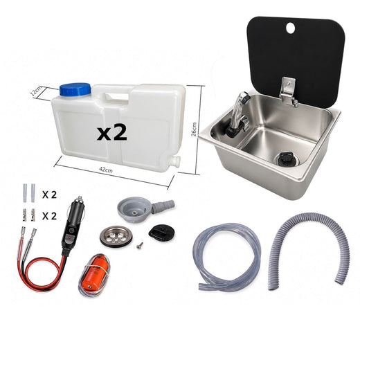 Kit fregadero camper 26x32 con tapa, grifo 12V, bomba y garrafas