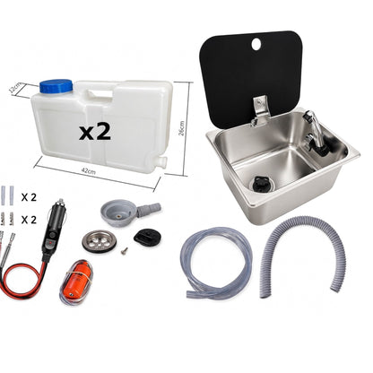 Kit fregadero camper 26x32 con tapa, grifo 12V, bomba y garrafas
