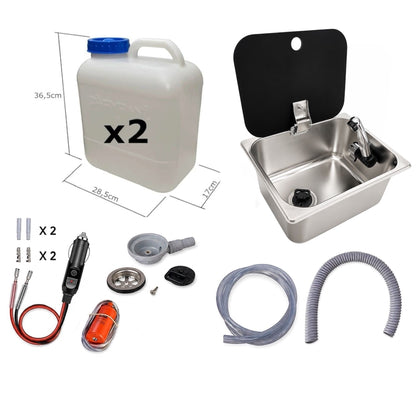 Kit fregadero camper 26x32 con tapa, grifo 12V, bomba y garrafas