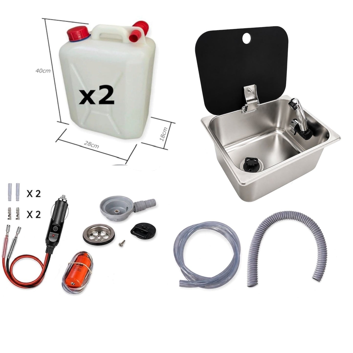 Kit fregadero camper 26x32 con tapa, grifo 12V, bomba y garrafas