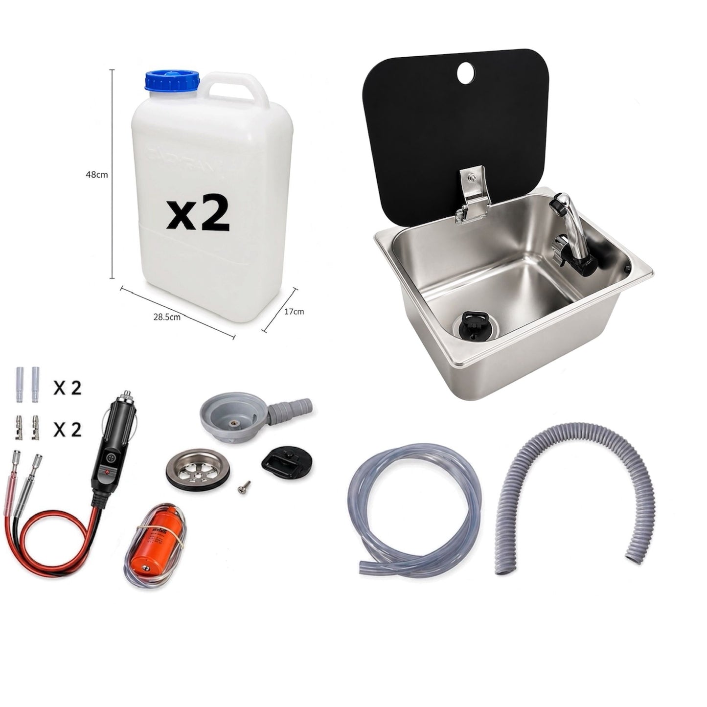 Kit fregadero camper 26x32 con tapa, grifo 12V, bomba y garrafas