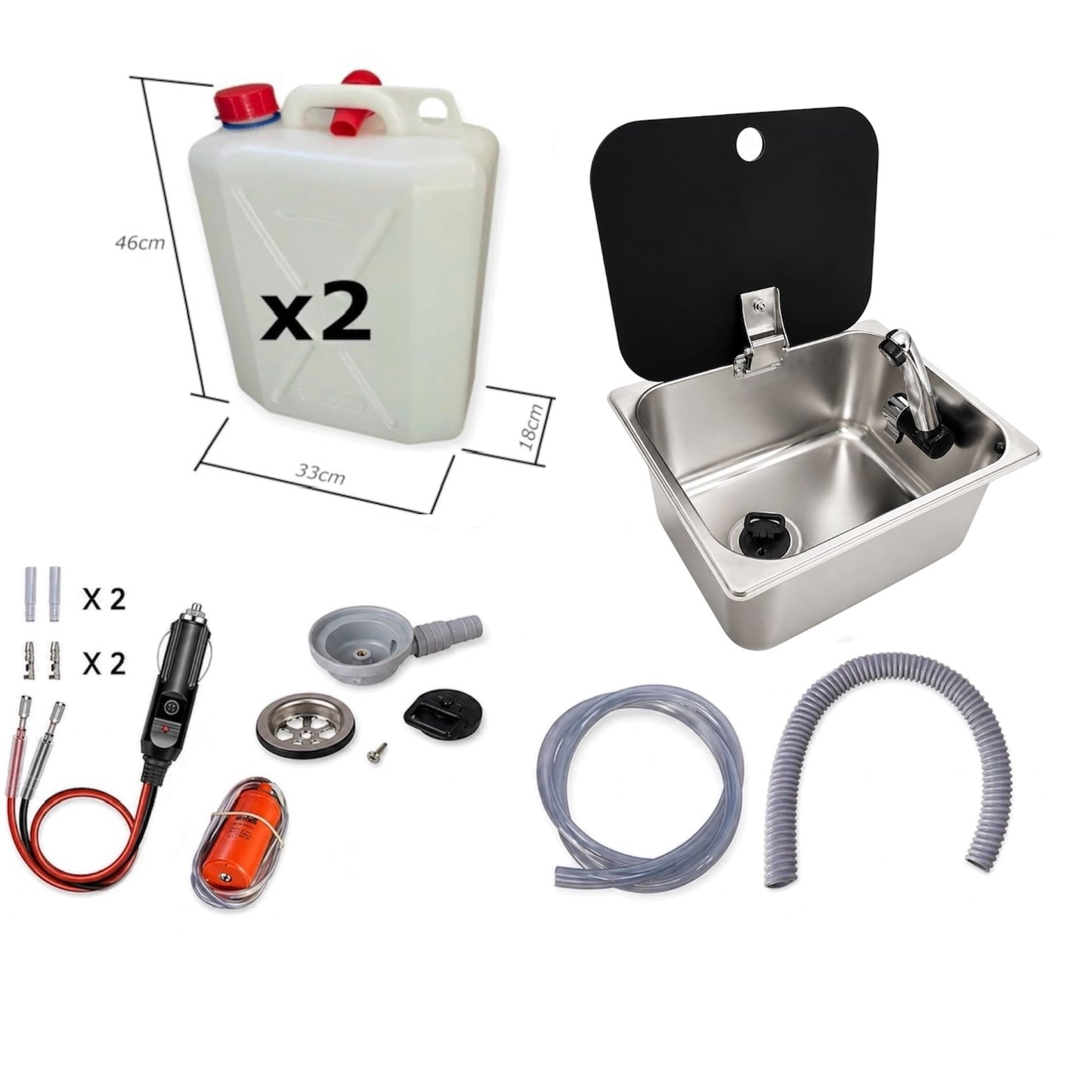 Kit fregadero camper 26x32 con tapa, grifo 12V, bomba y garrafas