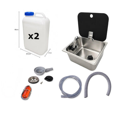 Kit fregadero camper 26x32 con tapa, grifo 12V, bomba y garrafas
