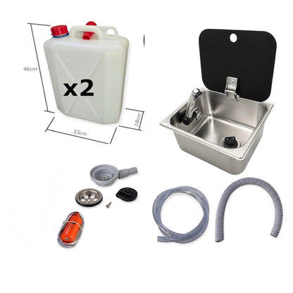 Kit fregadero camper 26x32 con tapa, grifo 12V, bomba y garrafas