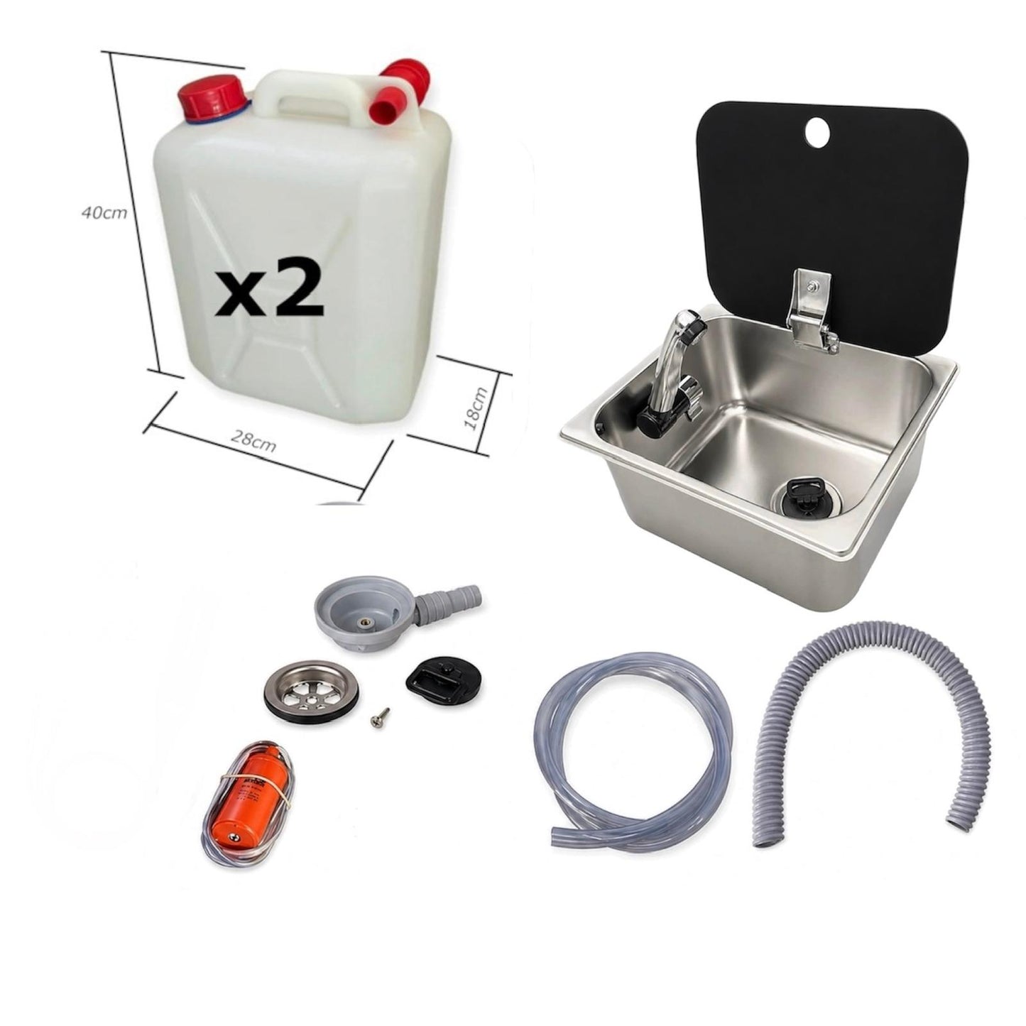 Kit fregadero camper 26x32 con tapa, grifo 12V, bomba y garrafas