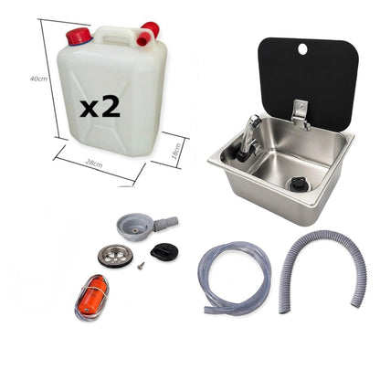 Kit fregadero camper 26x32 con tapa, grifo 12V, bomba y garrafas