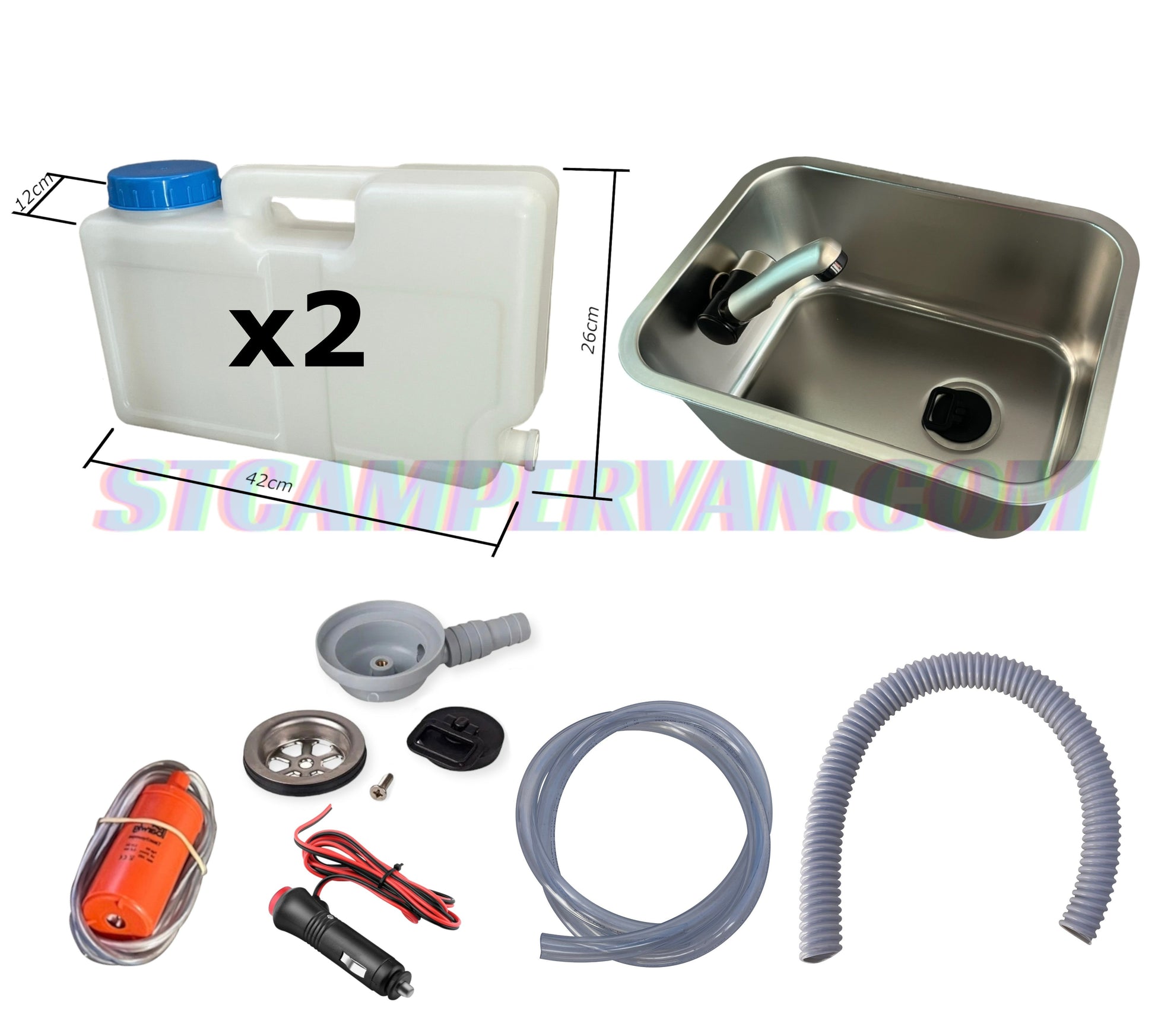 Kit fregadero camper 27x36 completo con grifo, bomba y mangueras
