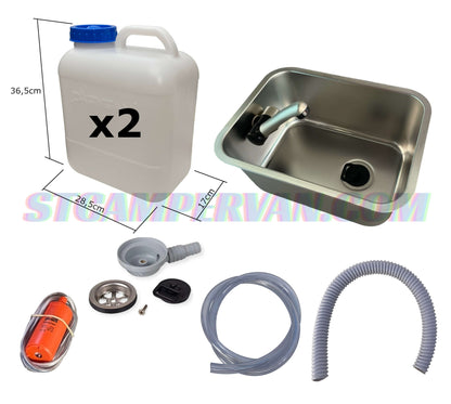 Componentes del kit fregadero 27x36 con bomba, mangueras y sumidero