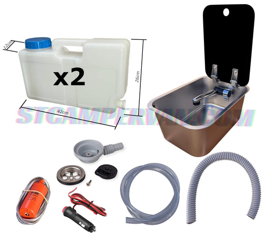 Kit fregadero 27×36 con tapa, grifo 12 V y bomba sumergible.