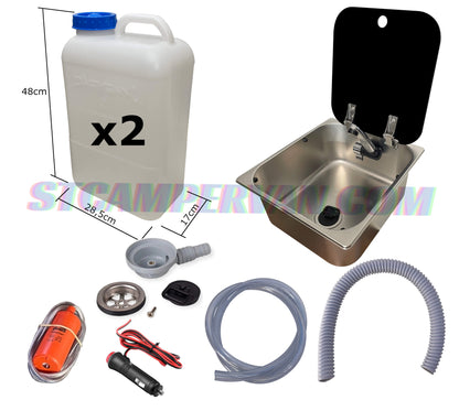 kit fregadero 32x35 con tapa y garrafas opcionales para camper, sistema de agua 12V listo