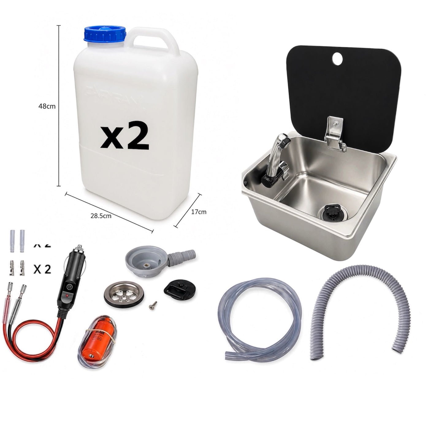 Kit fregadero camper 26x32 con tapa, grifo 12V, bomba y garrafas