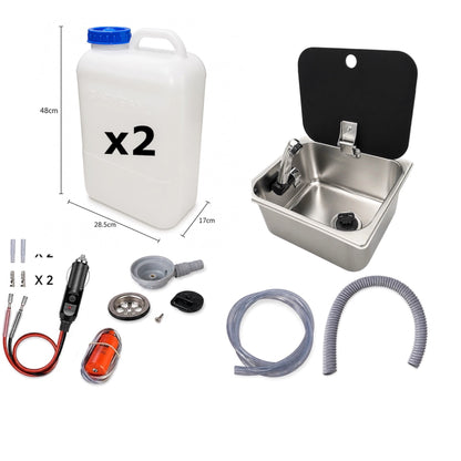Kit fregadero camper 26x32 con tapa, grifo 12V, bomba y garrafas