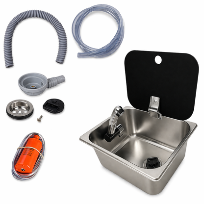 Kit fregadero camper 26x32 con tapa, grifo 12V, bomba y garrafas
