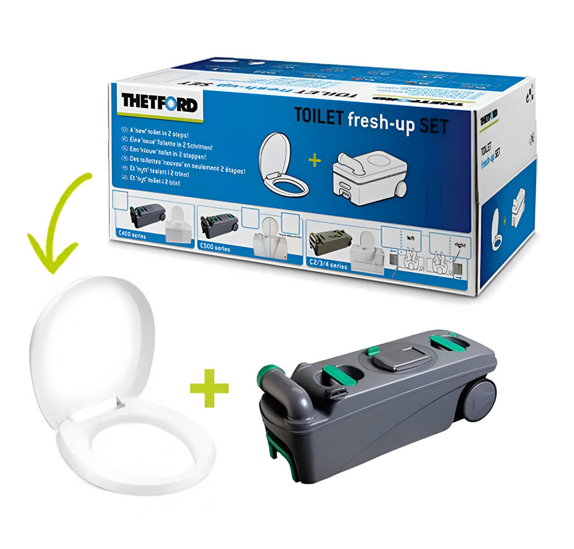 Kit Thetford Fresh-Up C500 con depósito de ruedas y asiento nuevo.