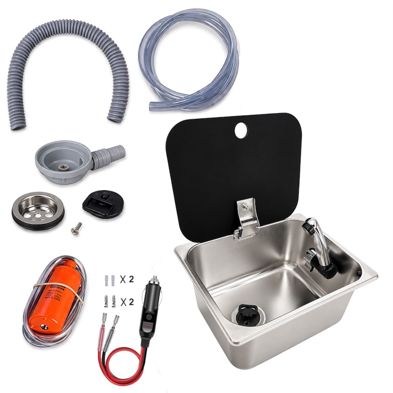Kit fregadero camper 26x32 con tapa, grifo 12V, bomba y garrafas