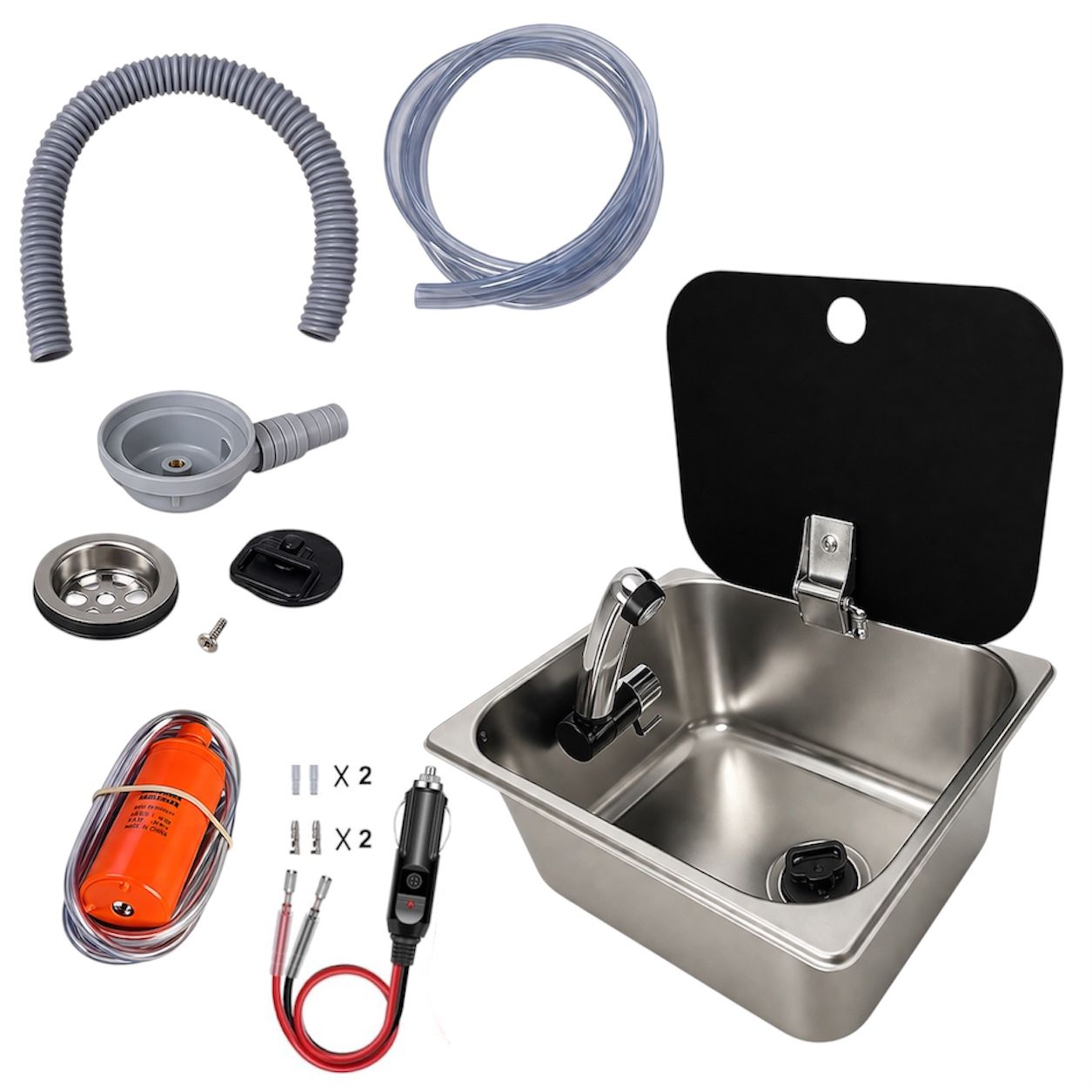 Kit fregadero camper 26x32 con tapa, grifo 12V, bomba y garrafas