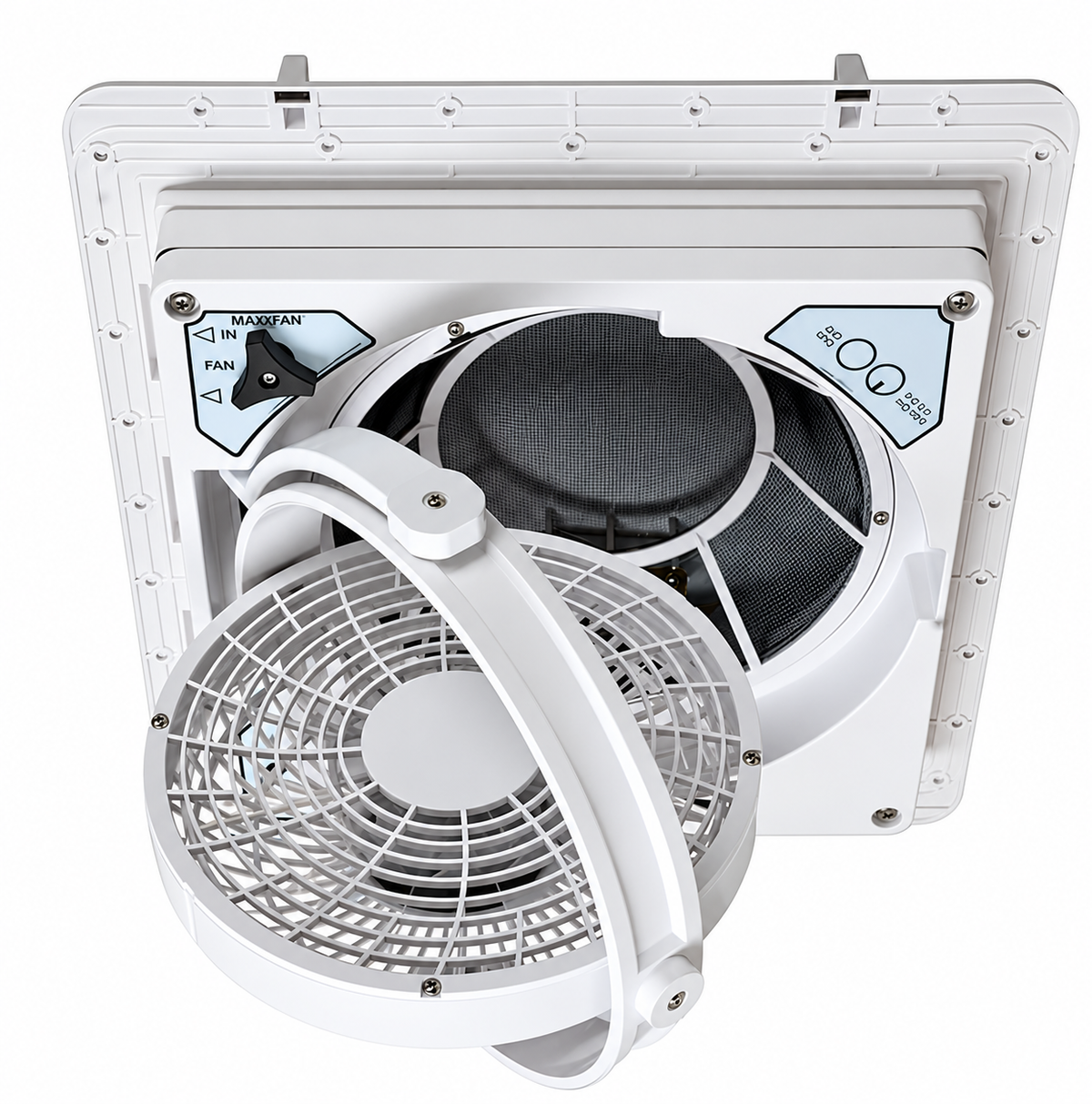 Ventilador MaxxFan Pivot inclinado para dirigir el flujo de aire