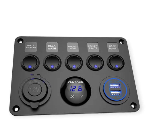 Panel de control 12V con USB, voltímetro y 5 interruptores LED frontal