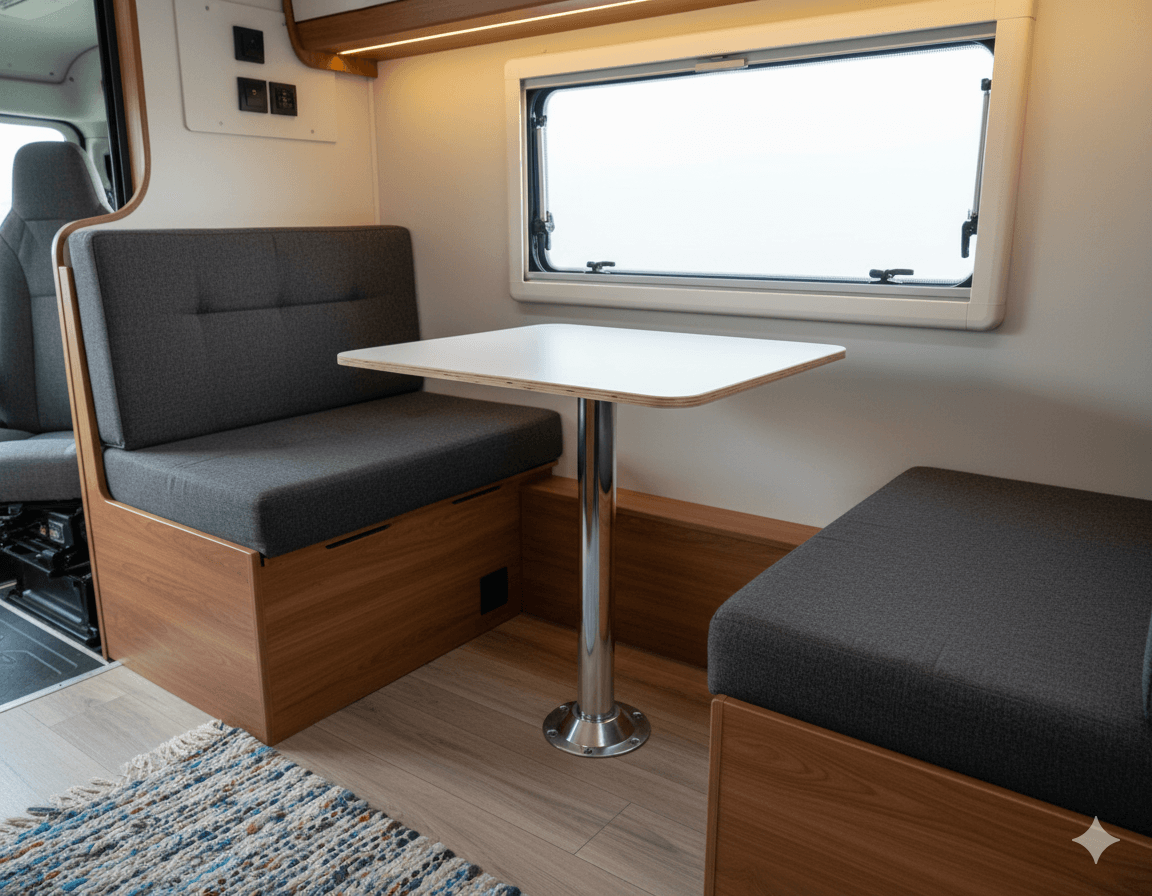 Pata de mesa extraíble instalada en salón camper