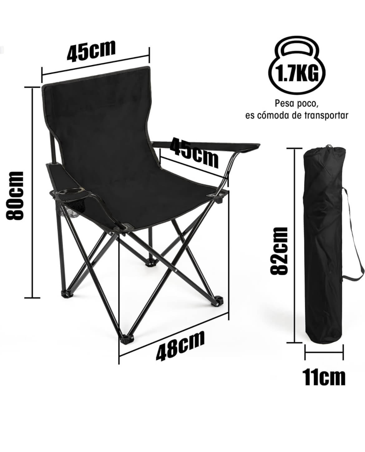 Silla de camping plegada con su bolsa de transporte.
