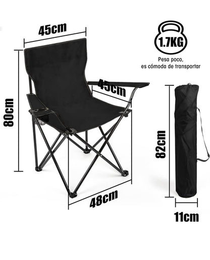 Silla de camping plegada con su bolsa de transporte.