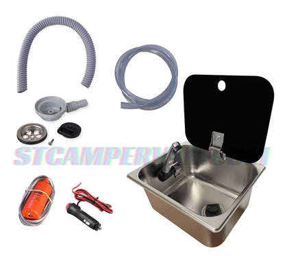 Kit fregadero camper 26x32 con tapa, grifo 12V, bomba y garrafas