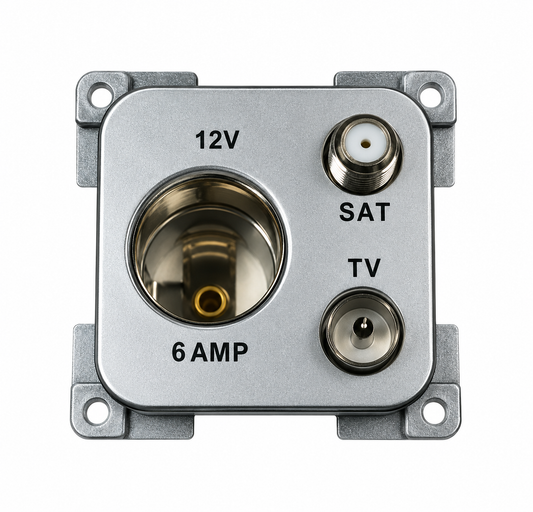 Envase de la toma combinada HABA C-Line 4100640H con conexiones de 12V, TV y satélite.