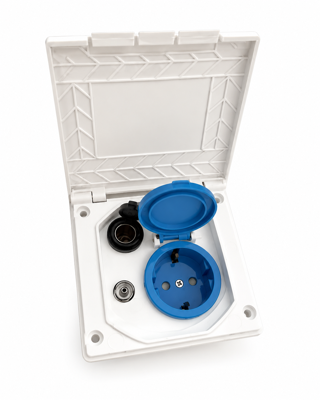 Toma Exterior Multiusos Camper Blanca 220V + TV TDT + Satélite + Toma 12V Empotrable