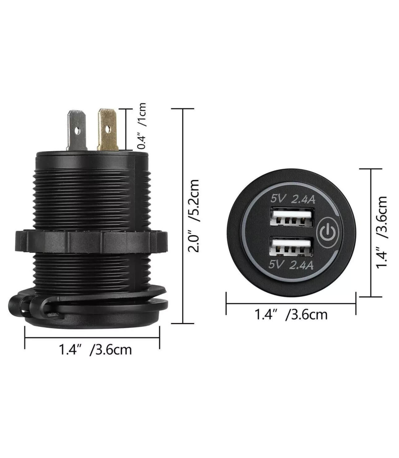 Detalle de toma USB doble 3.0A con interruptor y tapa protectora para instalación camper.