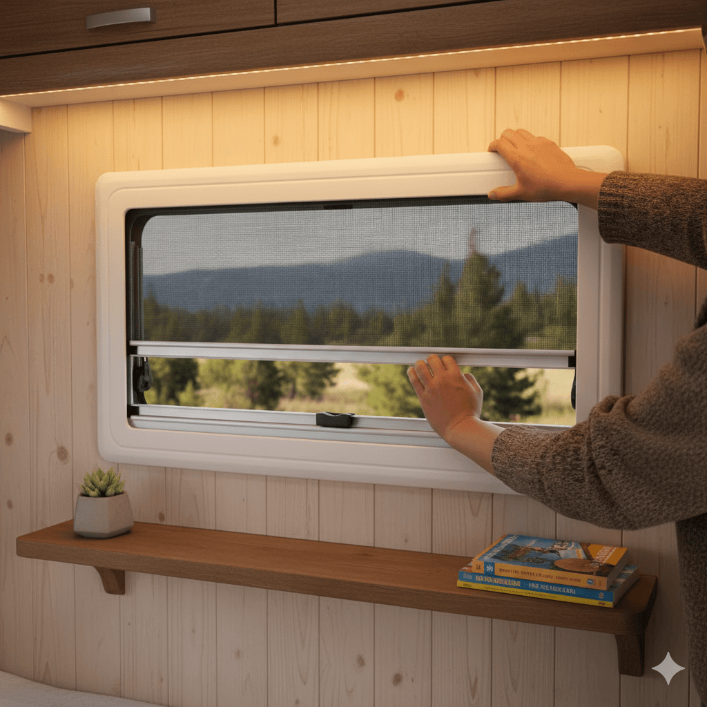 Ventana 900x450 doble acrílico 43R. Tintada, brazos 70°, con mosquitera y oscurecedor. Encastre 900×450. Para camper y autocaravana