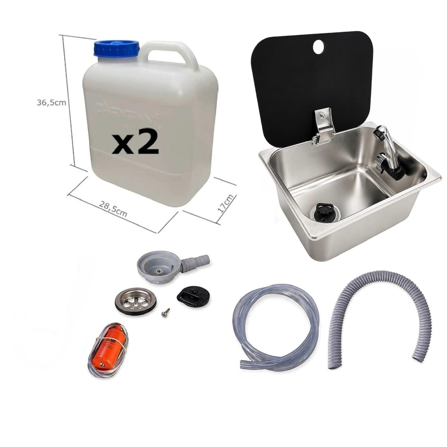 Kit fregadero camper 26x32 con tapa, grifo 12V, bomba y garrafas