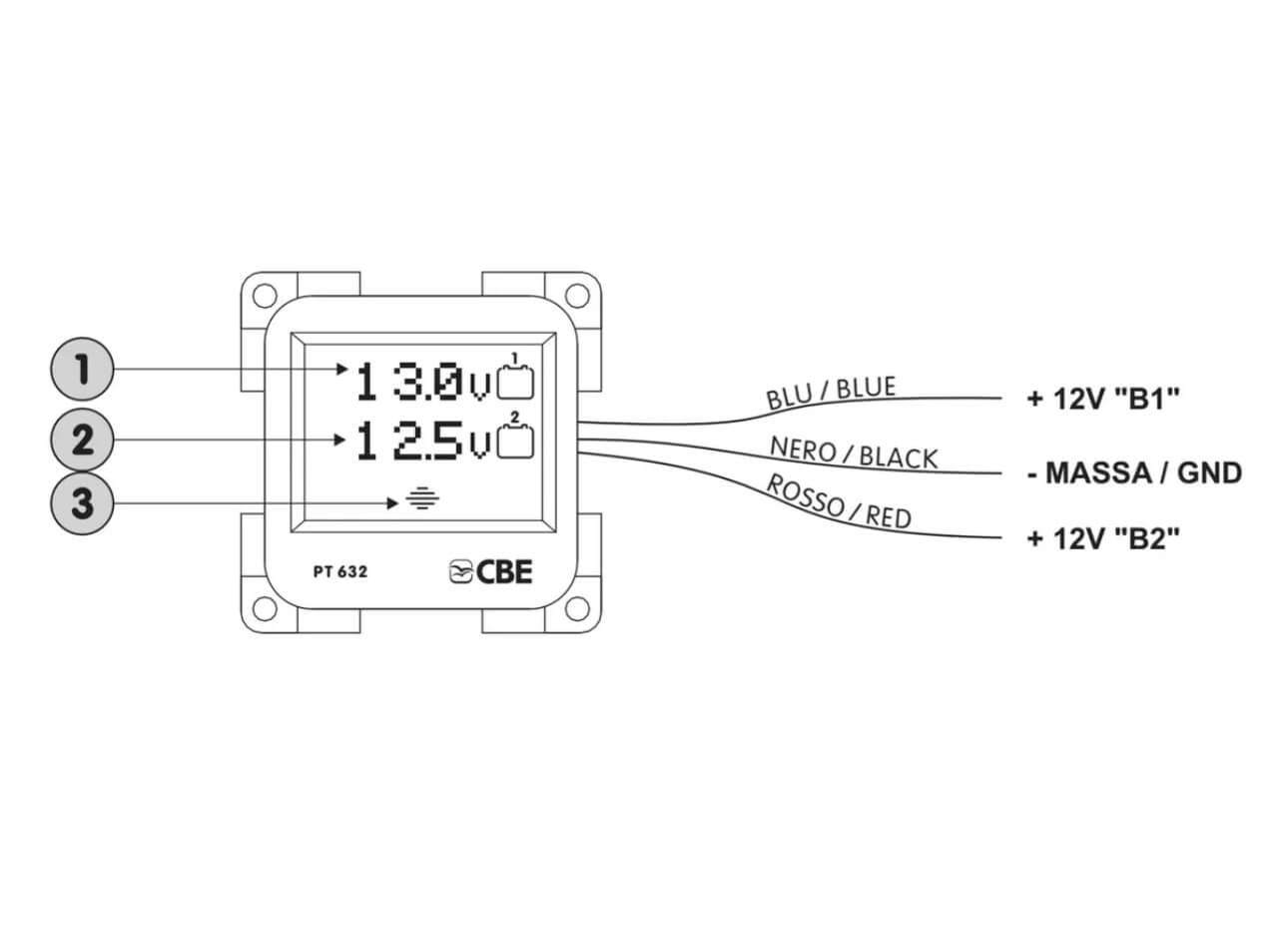 Detalle del voltímetro CBE PT632 doble batería 12V gris antracita para instalación camper.
